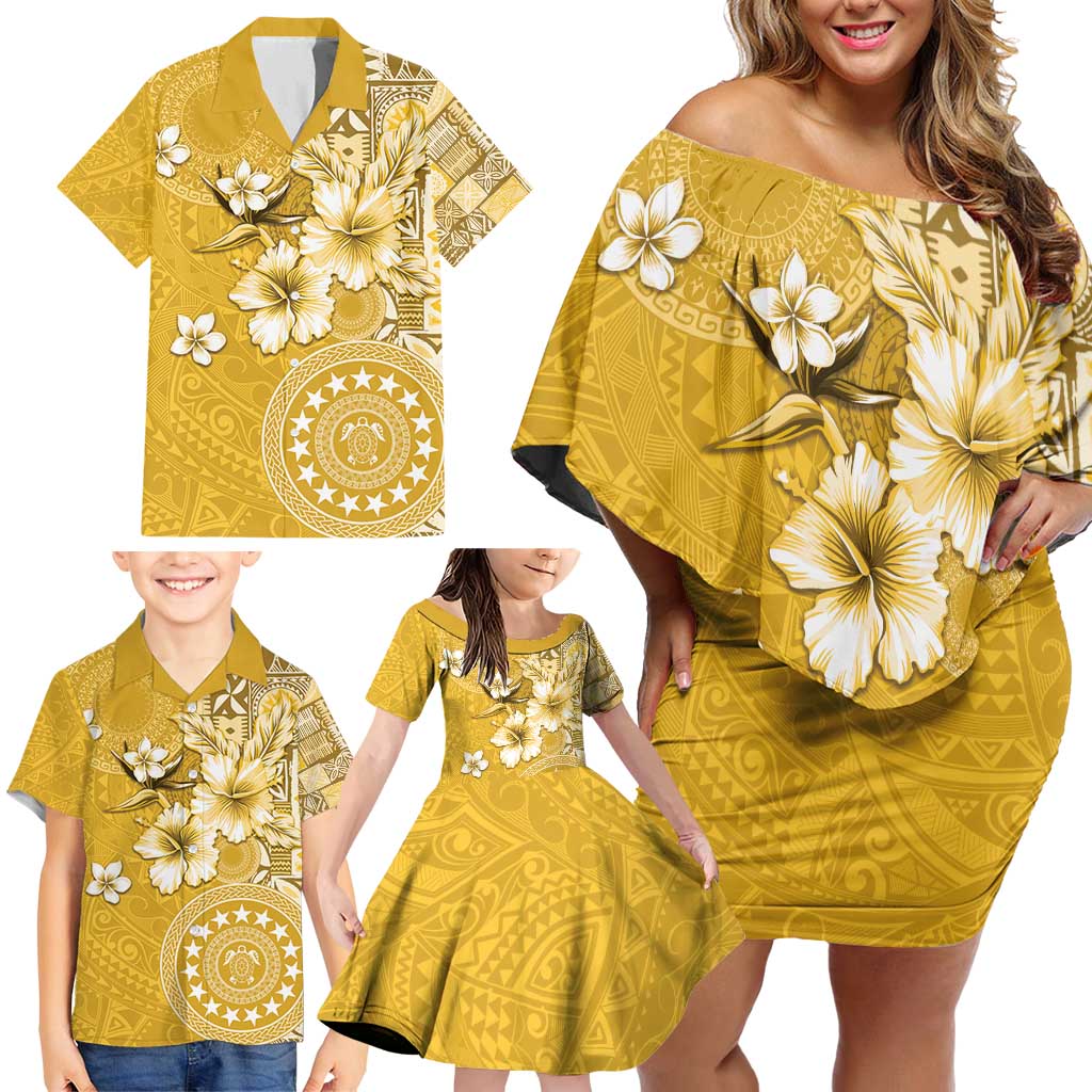 Cook Islands Family Matching Off Shoulder Short Dress and Hawaiian Shirt Yellow Hibiscus And Stars LT05 - Polynesian Pride