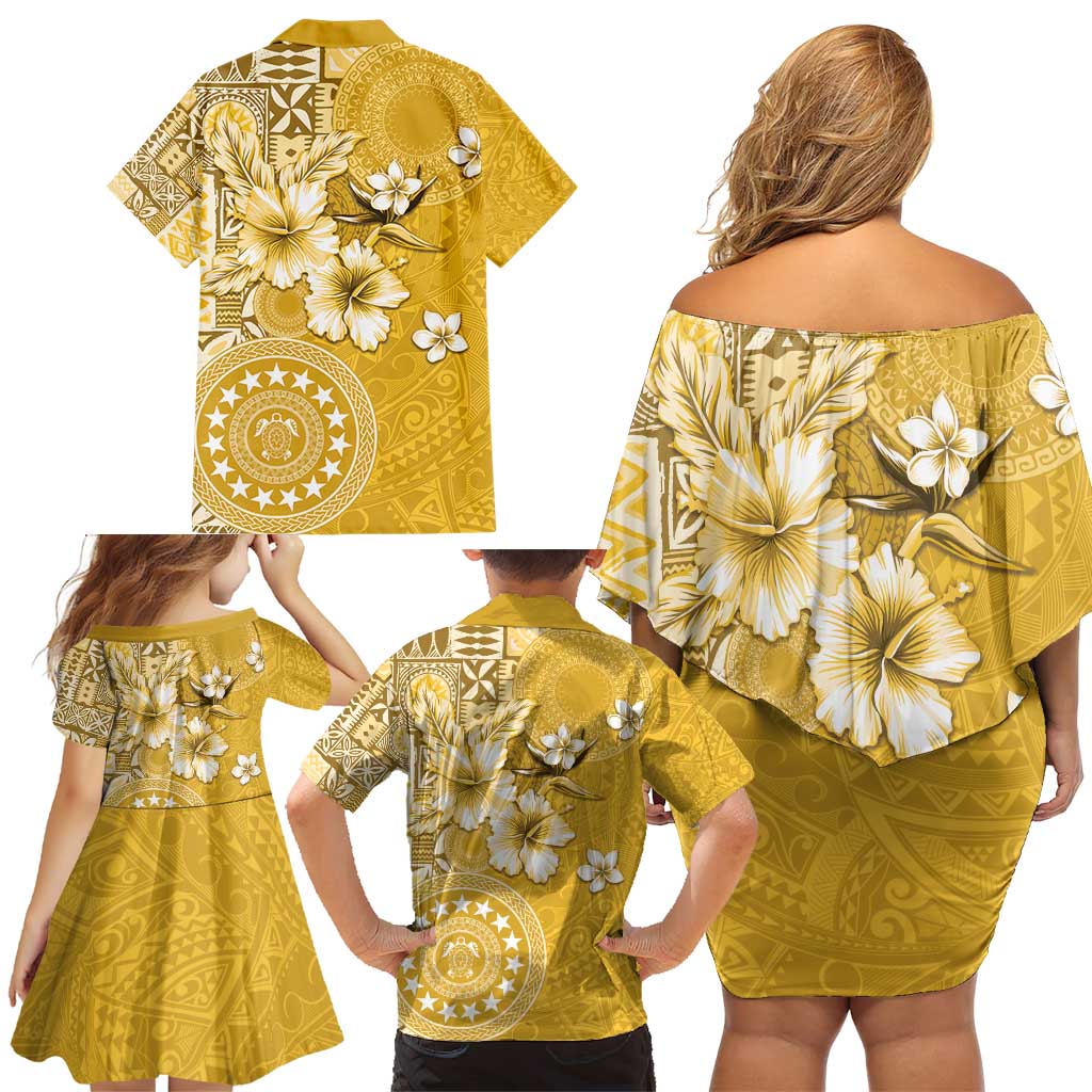 Cook Islands Family Matching Off Shoulder Short Dress and Hawaiian Shirt Yellow Hibiscus And Stars LT05 - Polynesian Pride