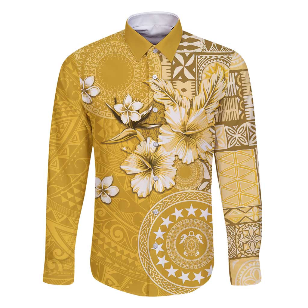 Cook Islands Family Matching Off Shoulder Short Dress and Hawaiian Shirt Yellow Hibiscus And Stars LT05 Dad's Shirt - Long Sleeve Yellow - Polynesian Pride