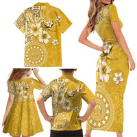 Cook Islands Family Matching Short Sleeve Bodycon Dress and Hawaiian Shirt Yellow Hibiscus And Stars LT05 - Polynesian Pride