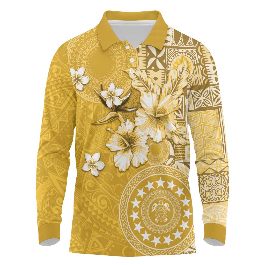 Cook Islands Long Sleeve Polo Shirt Yellow Hibiscus And Stars