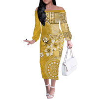 Cook Islands Off The Shoulder Long Sleeve Dress Yellow Hibiscus And Stars