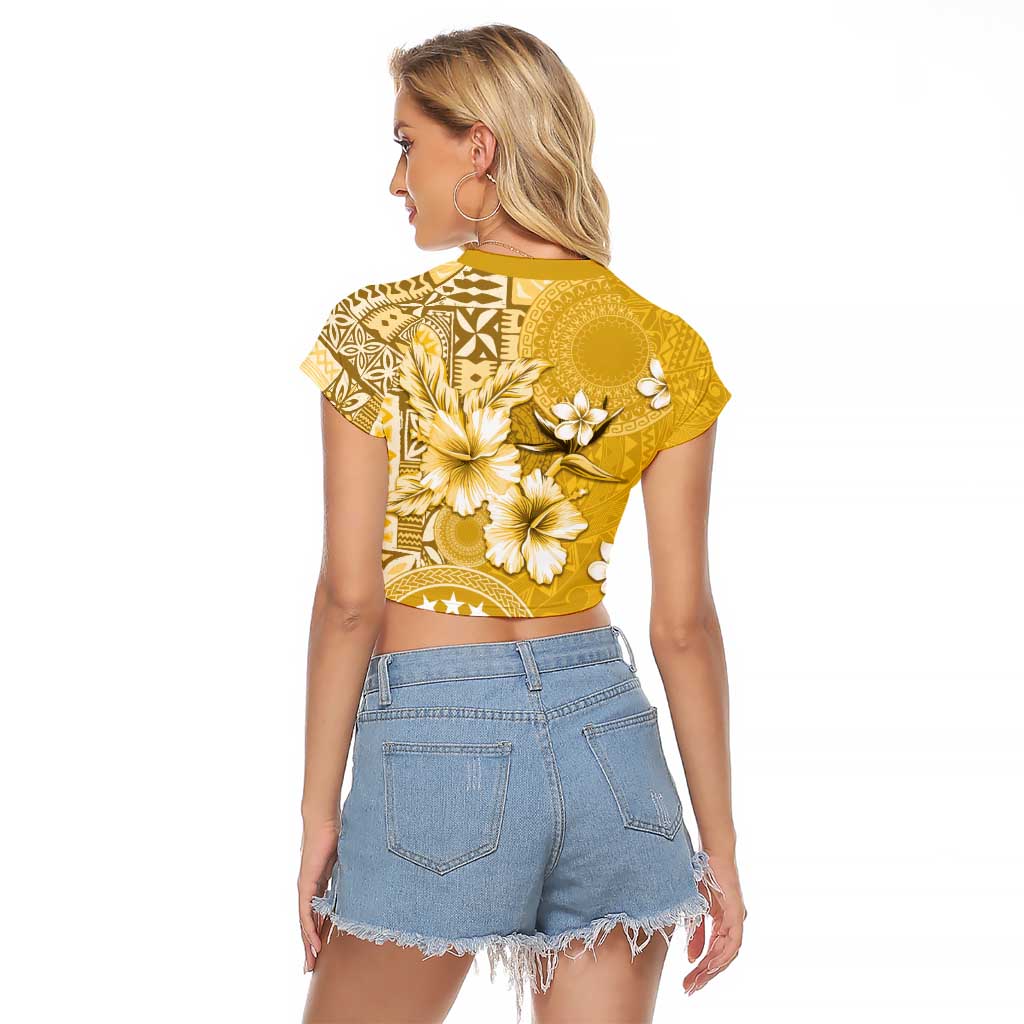 Cook Islands Raglan Cropped T Shirt Yellow Hibiscus And Stars