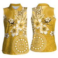 Cook Islands Women Sleeveless Polo Shirt Yellow Hibiscus And Stars