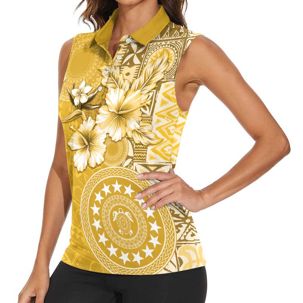 Cook Islands Women Sleeveless Polo Shirt Yellow Hibiscus And Stars