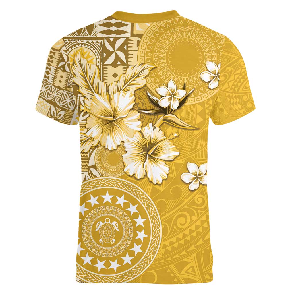 Cook Islands Women V-Neck T-Shirt Yellow Hibiscus And Stars