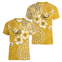 Cook Islands Women V-Neck T-Shirt Yellow Hibiscus And Stars