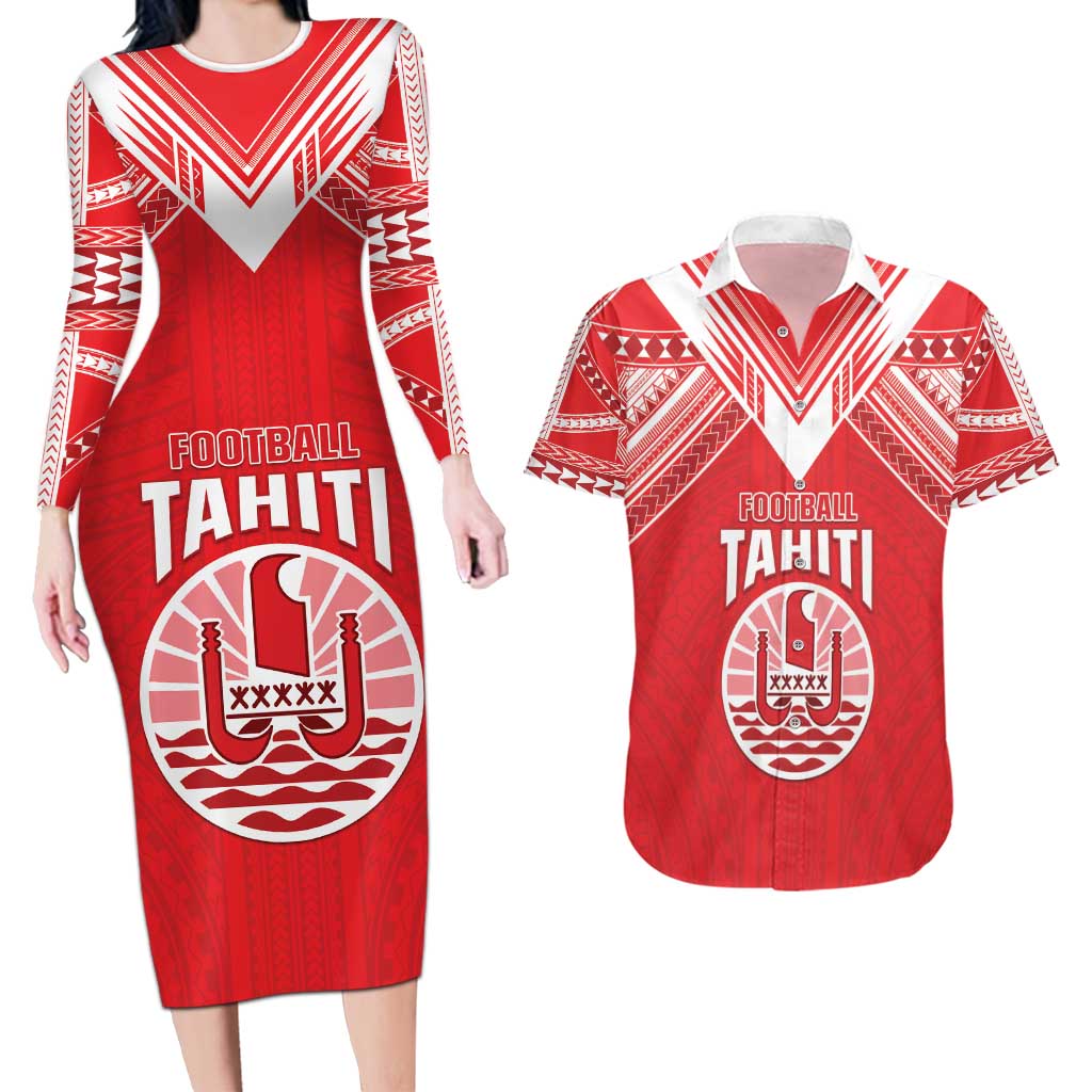 Custom Tahiti Football Couples Matching Long Sleeve Bodycon Dress and Hawaiian Shirt Coat Of Arms Polynesian Tribal Pattern LT05 Red - Polynesian Pride