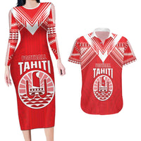 Custom Tahiti Football Couples Matching Long Sleeve Bodycon Dress and Hawaiian Shirt Coat Of Arms Polynesian Tribal Pattern LT05 Red - Polynesian Pride