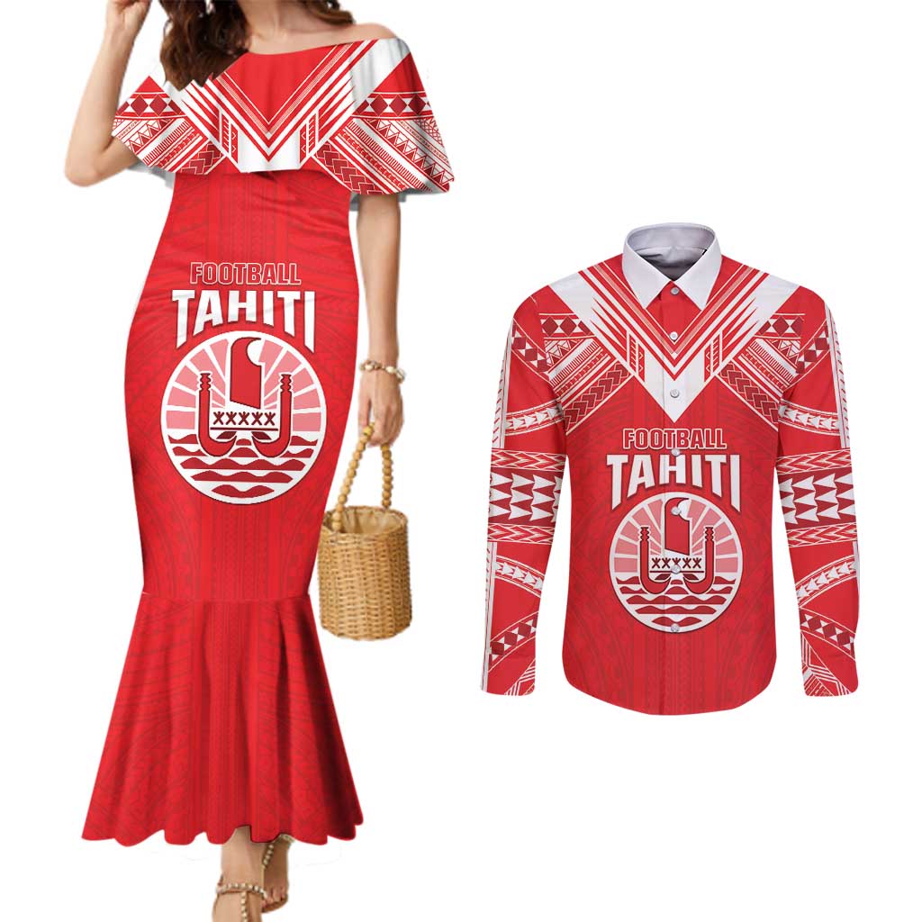 Custom Tahiti Football Couples Matching Mermaid Dress and Long Sleeve Button Shirt Coat Of Arms Polynesian Tribal Pattern LT05 Red - Polynesian Pride