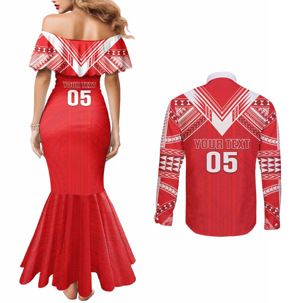 Custom Tahiti Football Couples Matching Mermaid Dress and Long Sleeve Button Shirt Coat Of Arms Polynesian Tribal Pattern LT05 - Polynesian Pride