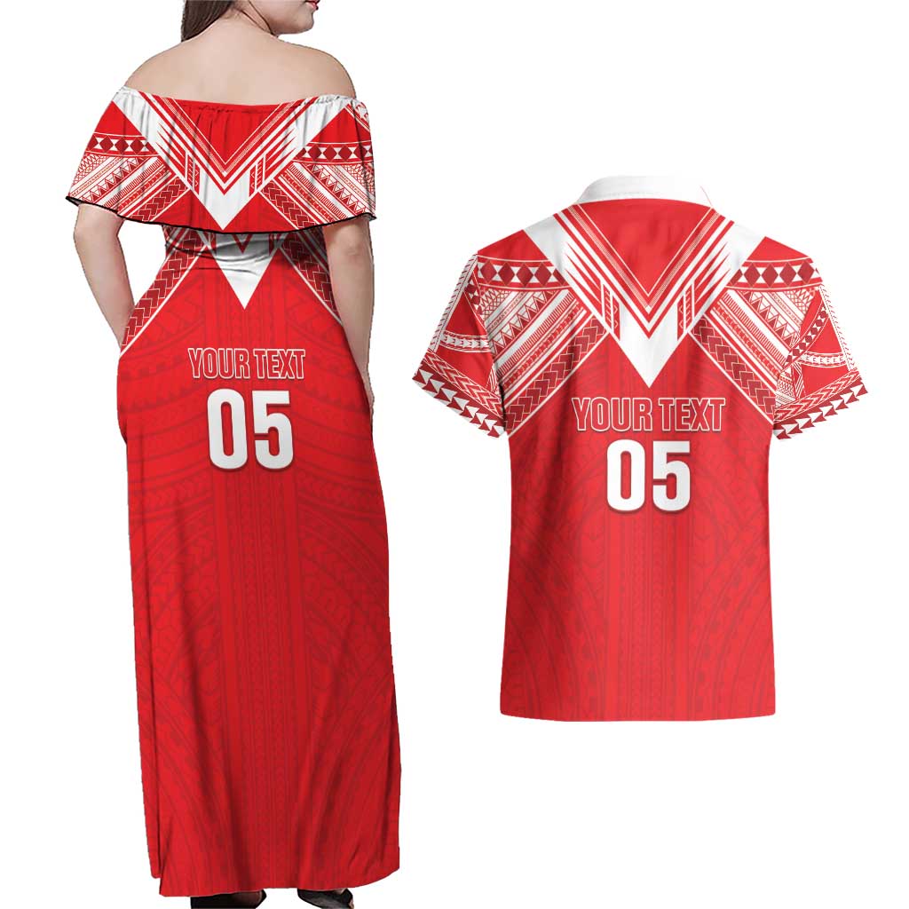 Custom Tahiti Football Couples Matching Off Shoulder Maxi Dress and Hawaiian Shirt Coat Of Arms Polynesian Tribal Pattern LT05 - Polynesian Pride