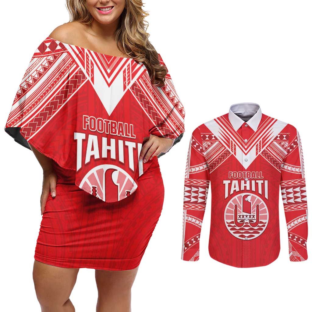 Custom Tahiti Football Couples Matching Off Shoulder Short Dress and Long Sleeve Button Shirt Coat Of Arms Polynesian Tribal Pattern LT05 Red - Polynesian Pride