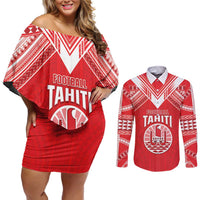 Custom Tahiti Football Couples Matching Off Shoulder Short Dress and Long Sleeve Button Shirt Coat Of Arms Polynesian Tribal Pattern LT05 Red - Polynesian Pride