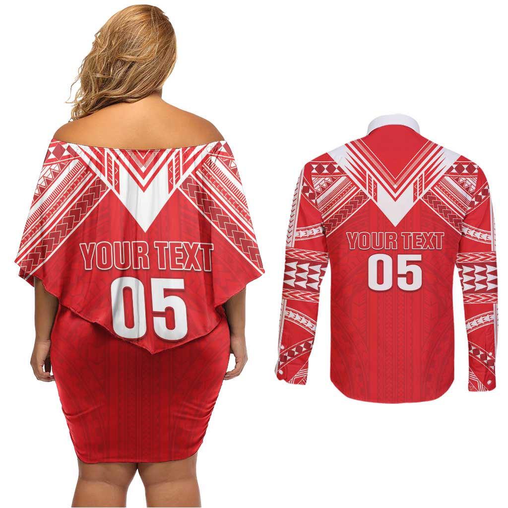 Custom Tahiti Football Couples Matching Off Shoulder Short Dress and Long Sleeve Button Shirt Coat Of Arms Polynesian Tribal Pattern LT05 - Polynesian Pride