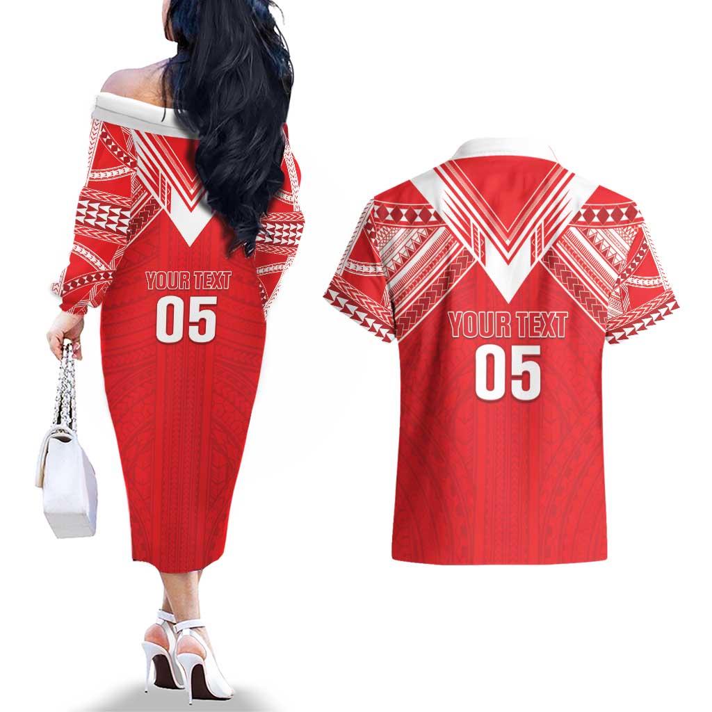 Custom Tahiti Football Couples Matching Off The Shoulder Long Sleeve Dress and Hawaiian Shirt Coat Of Arms Polynesian Tribal Pattern LT05 - Polynesian Pride