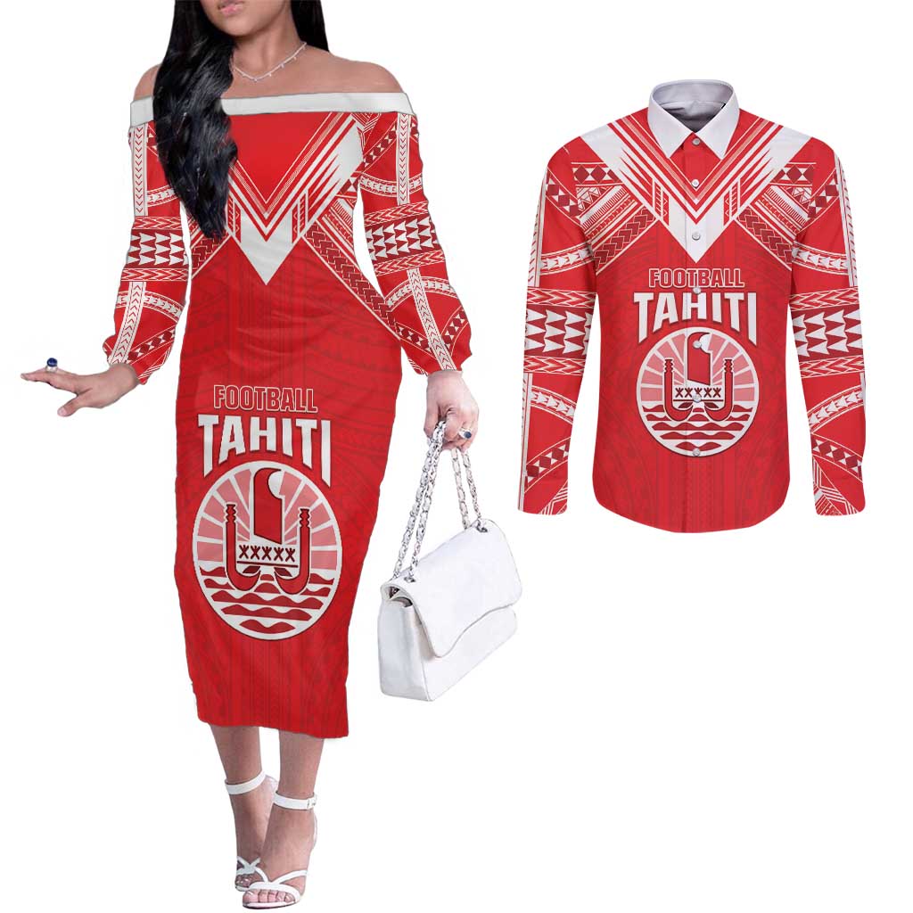 Custom Tahiti Football Couples Matching Off The Shoulder Long Sleeve Dress and Long Sleeve Button Shirt Coat Of Arms Polynesian Tribal Pattern LT05 Red - Polynesian Pride