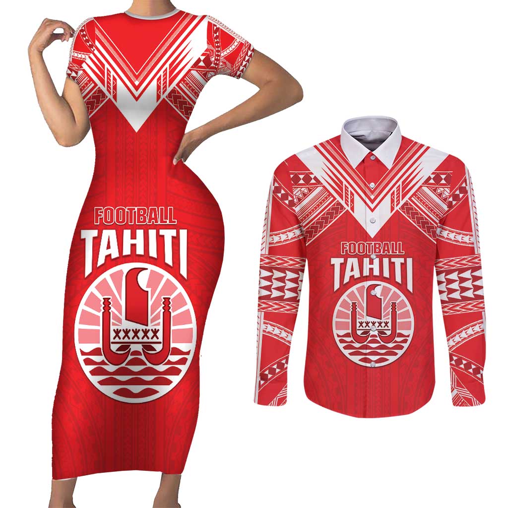 Custom Tahiti Football Couples Matching Short Sleeve Bodycon Dress and Long Sleeve Button Shirt Coat Of Arms Polynesian Tribal Pattern LT05 Red - Polynesian Pride