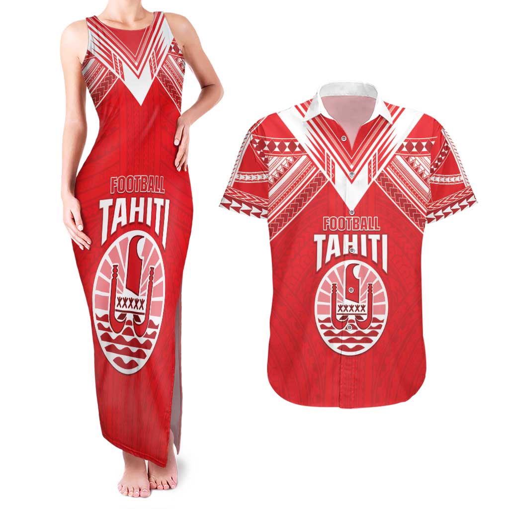 Custom Tahiti Football Couples Matching Tank Maxi Dress and Hawaiian Shirt Coat Of Arms Polynesian Tribal Pattern LT05 Red - Polynesian Pride