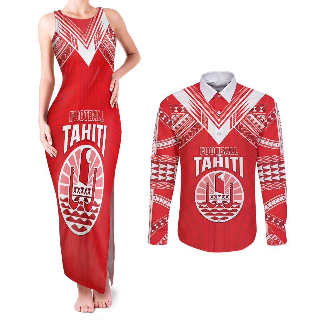 Custom Tahiti Football Couples Matching Tank Maxi Dress and Long Sleeve Button Shirt Coat Of Arms Polynesian Tribal Pattern LT05 Red - Polynesian Pride