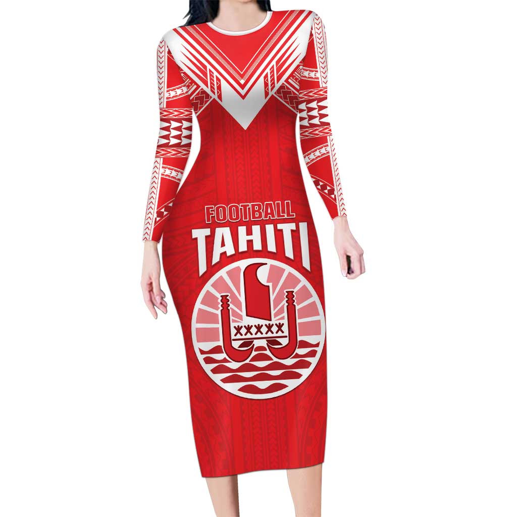 Custom Tahiti Football Family Matching Long Sleeve Bodycon Dress and Hawaiian Shirt Coat Of Arms Polynesian Tribal Pattern LT05 Mom's Dress Red - Polynesian Pride