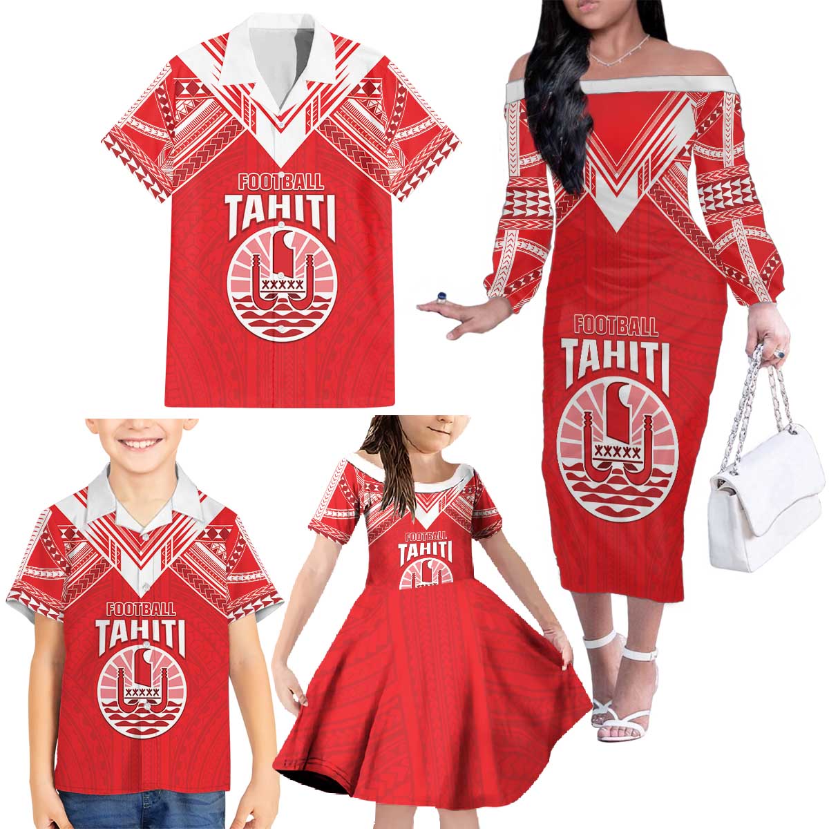 Custom Tahiti Football Family Matching Off The Shoulder Long Sleeve Dress and Hawaiian Shirt Coat Of Arms Polynesian Tribal Pattern LT05 - Polynesian Pride