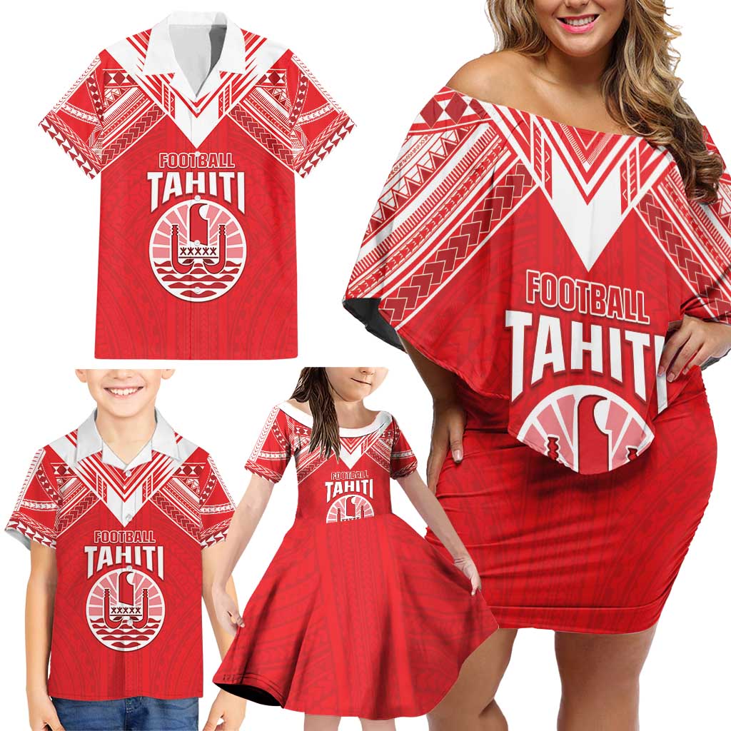 Custom Tahiti Football Family Matching Off Shoulder Short Dress and Hawaiian Shirt Coat Of Arms Polynesian Tribal Pattern LT05 - Polynesian Pride