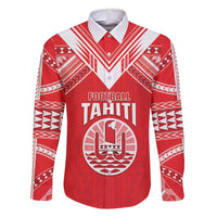 Custom Tahiti Football Family Matching Off Shoulder Short Dress and Hawaiian Shirt Coat Of Arms Polynesian Tribal Pattern LT05 Dad's Shirt - Long Sleeve Red - Polynesian Pride