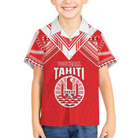 Custom Tahiti Football Family Matching Off Shoulder Short Dress and Hawaiian Shirt Coat Of Arms Polynesian Tribal Pattern LT05 Son's Shirt Red - Polynesian Pride