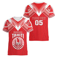 Custom Tahiti Football Women V-Neck T-Shirt Coat Of Arms Polynesian Tribal Pattern LT05 - Polynesian Pride