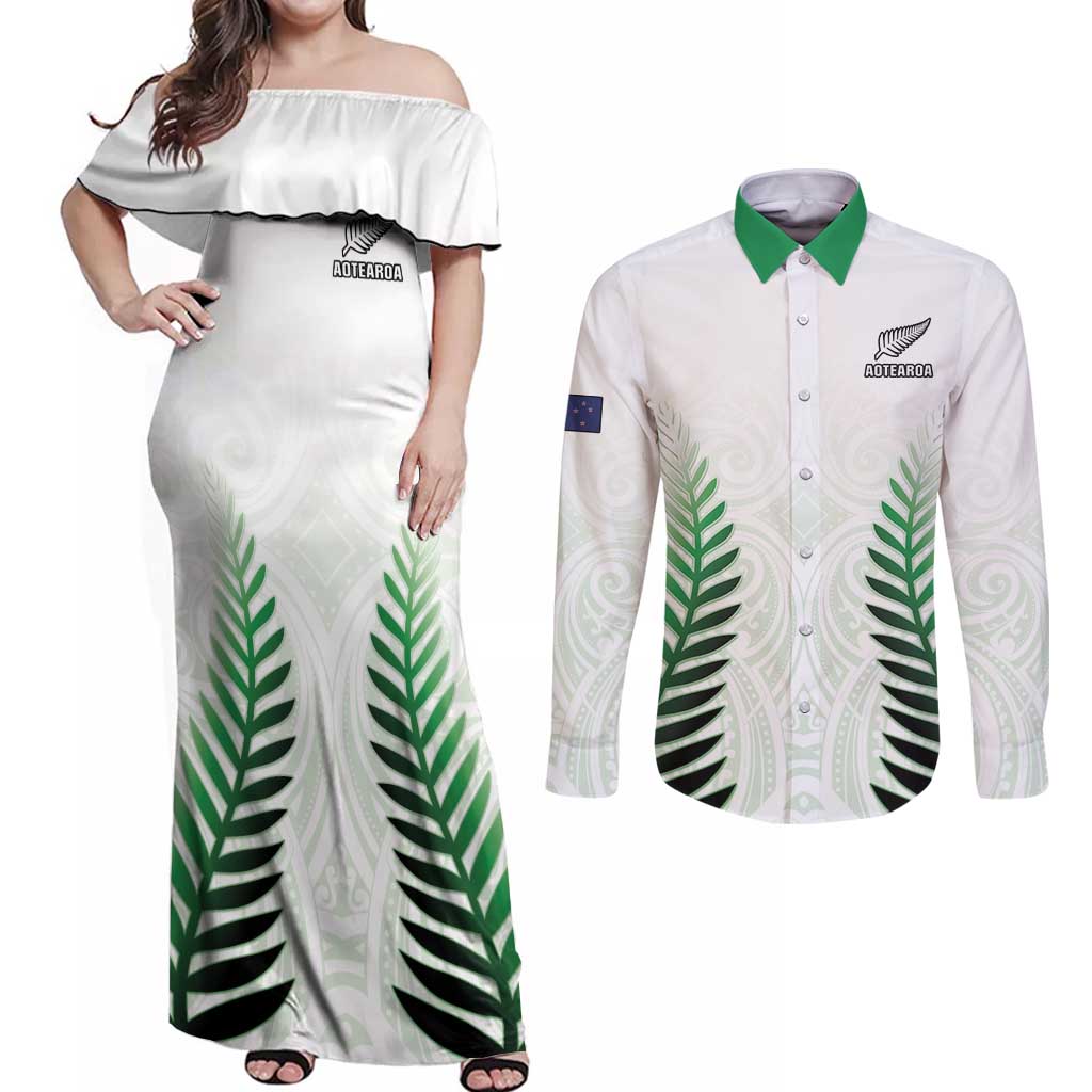 Custom New Zealand Fern Football Couples Matching Off Shoulder Maxi Dress and Long Sleeve Button Shirt Simple Style LT05 White - Polynesian Pride