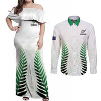 Custom New Zealand Fern Football Couples Matching Off Shoulder Maxi Dress and Long Sleeve Button Shirt Simple Style LT05 White - Polynesian Pride