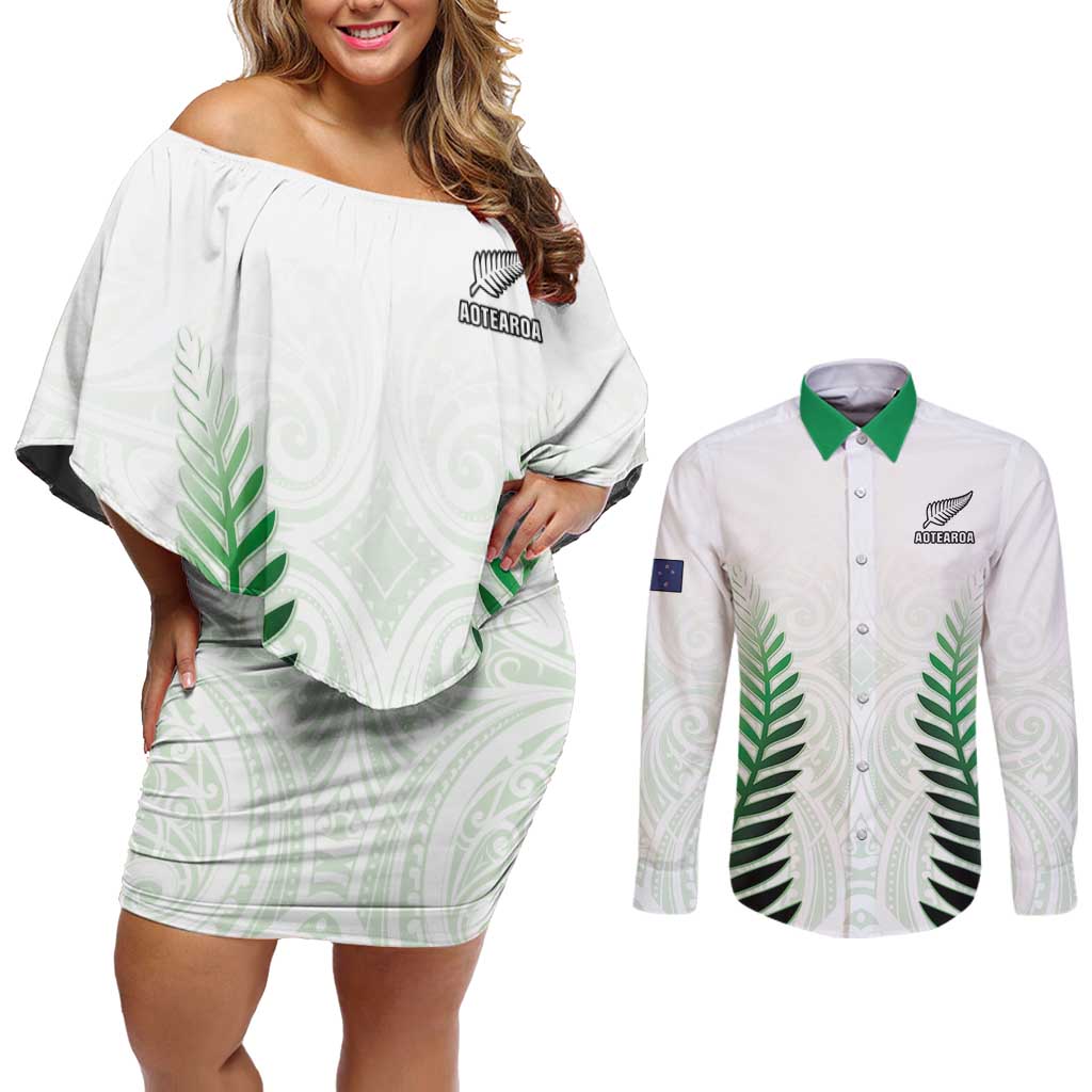 Custom New Zealand Fern Football Couples Matching Off Shoulder Short Dress and Long Sleeve Button Shirt Simple Style LT05 White - Polynesian Pride