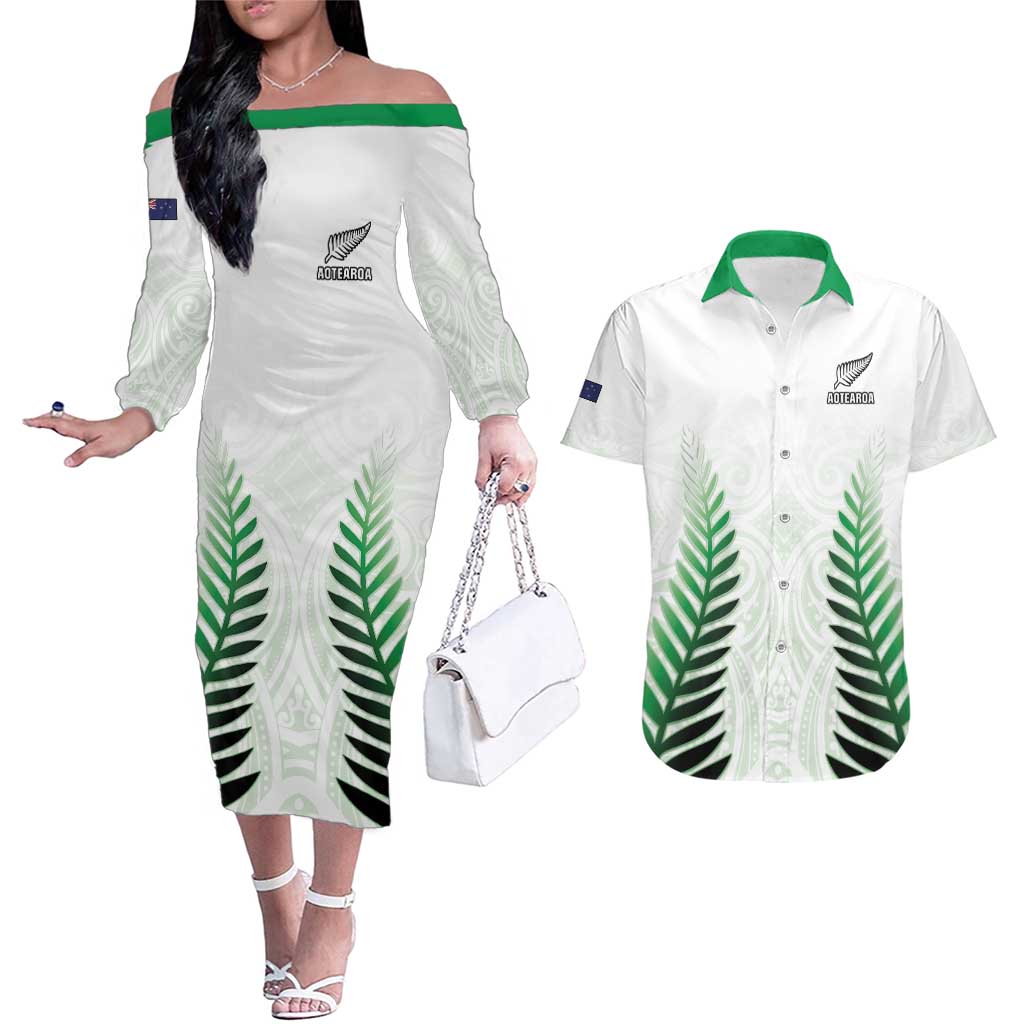 Custom New Zealand Fern Football Couples Matching Off The Shoulder Long Sleeve Dress and Hawaiian Shirt Simple Style LT05 White - Polynesian Pride