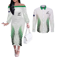 Custom New Zealand Fern Football Couples Matching Off The Shoulder Long Sleeve Dress and Long Sleeve Button Shirt Simple Style LT05 White - Polynesian Pride