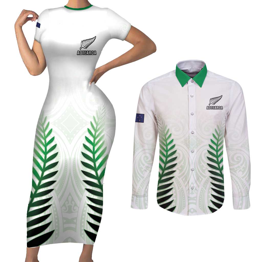 Custom New Zealand Fern Football Couples Matching Short Sleeve Bodycon Dress and Long Sleeve Button Shirt Simple Style LT05 White - Polynesian Pride