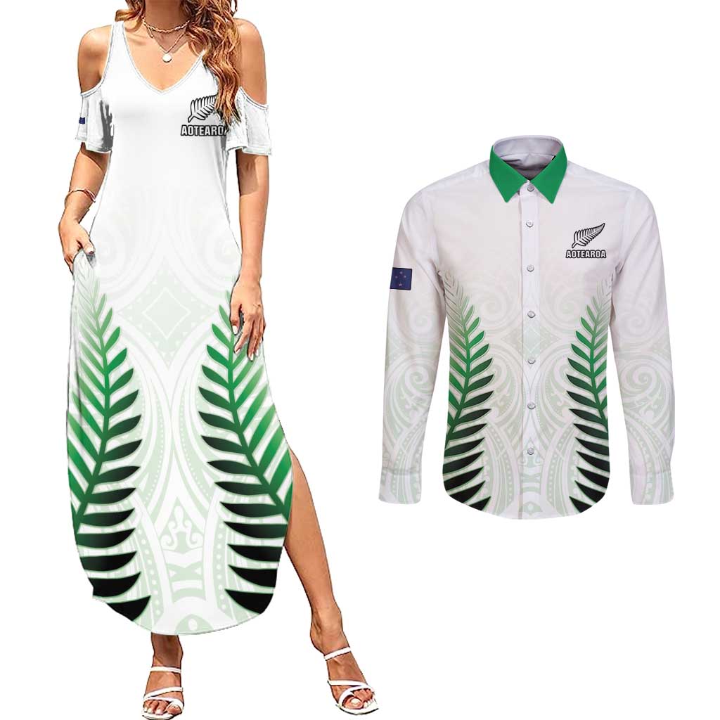 Custom New Zealand Fern Football Couples Matching Summer Maxi Dress and Long Sleeve Button Shirt Simple Style LT05 White - Polynesian Pride