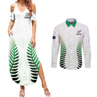 Custom New Zealand Fern Football Couples Matching Summer Maxi Dress and Long Sleeve Button Shirt Simple Style LT05 White - Polynesian Pride