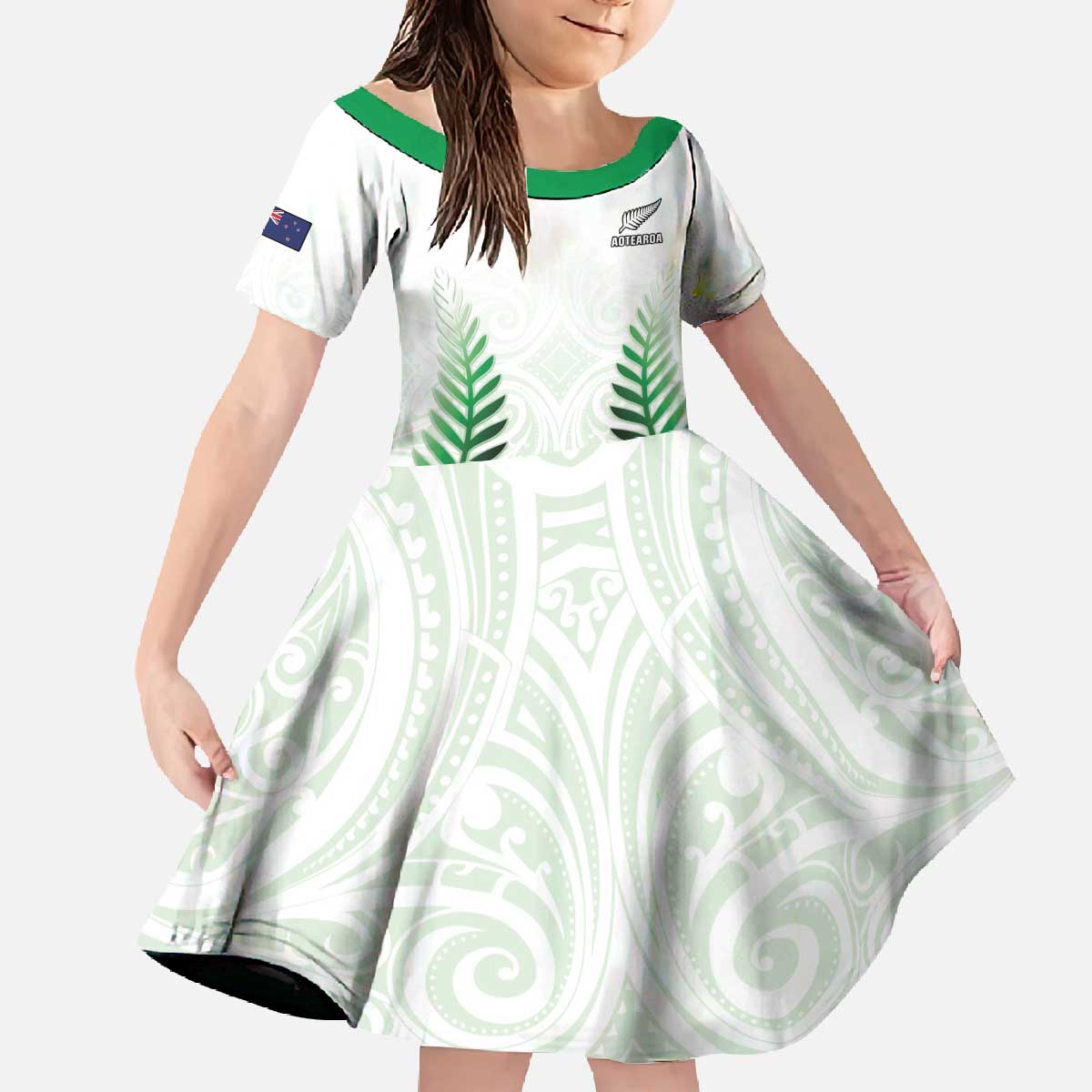 Custom New Zealand Fern Football Family Matching Off The Shoulder Long Sleeve Dress and Hawaiian Shirt Simple Style LT05 Daughter's Dress White - Polynesian Pride
