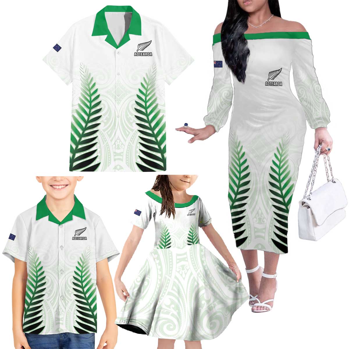 Custom New Zealand Fern Football Family Matching Off The Shoulder Long Sleeve Dress and Hawaiian Shirt Simple Style LT05 - Polynesian Pride