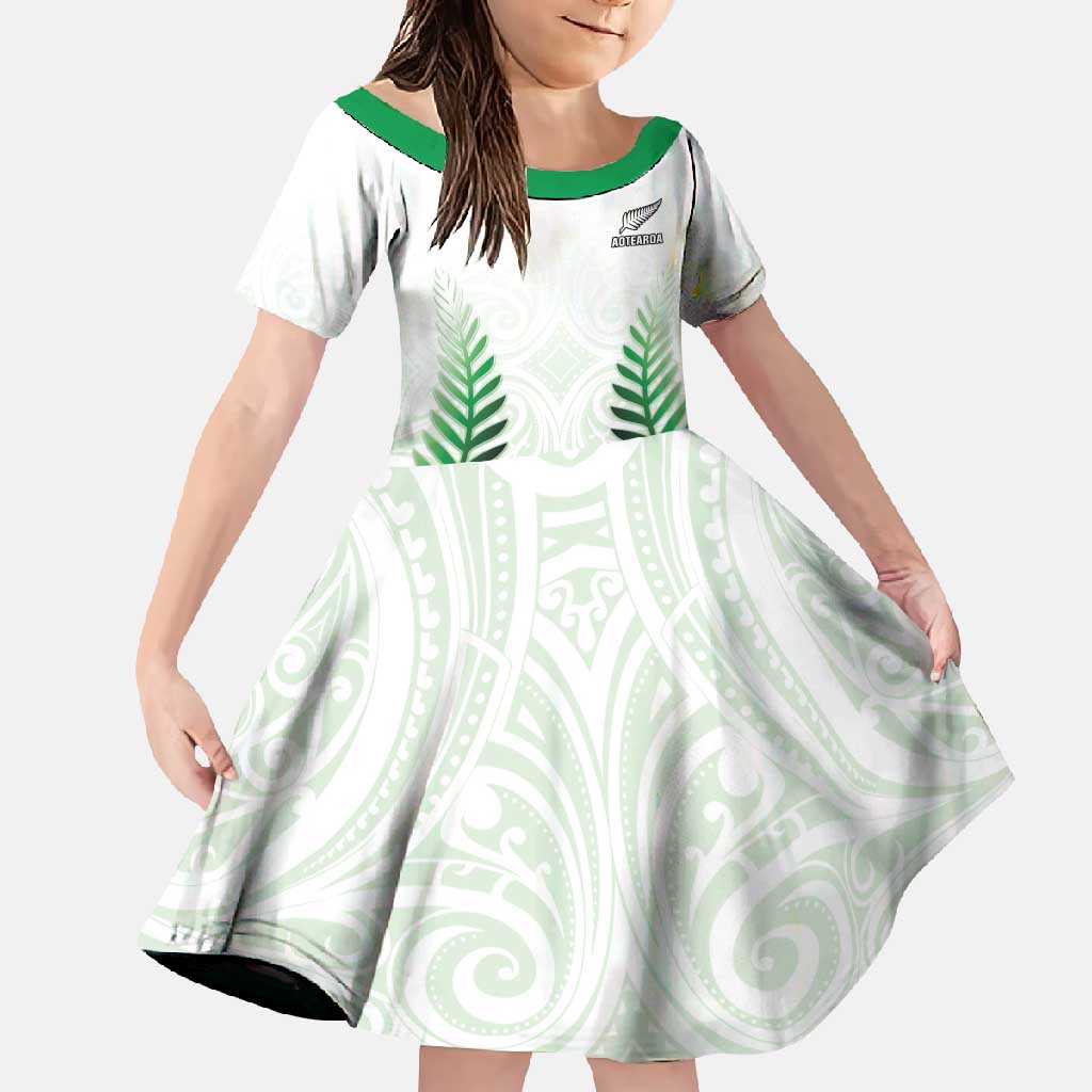 Custom New Zealand Fern Football Family Matching Off Shoulder Maxi Dress and Hawaiian Shirt Simple Style LT05 Daughter's Dress White - Polynesian Pride