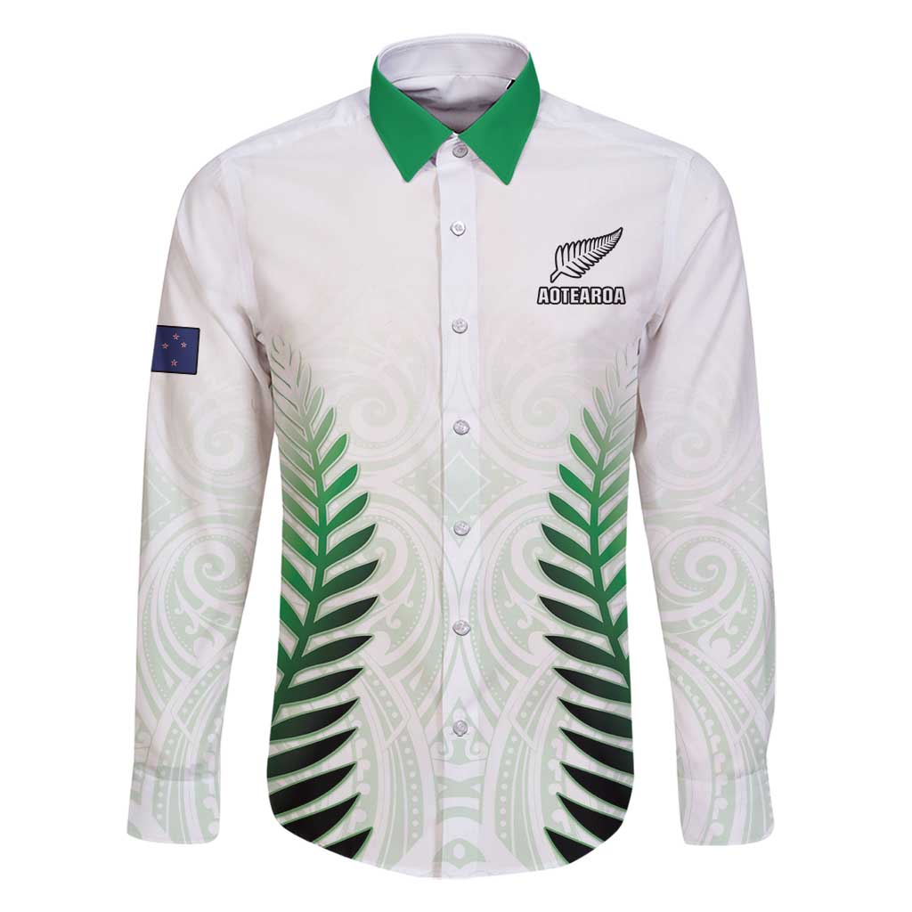 Custom New Zealand Fern Football Family Matching Off Shoulder Short Dress and Hawaiian Shirt Simple Style LT05 Dad's Shirt - Long Sleeve White - Polynesian Pride