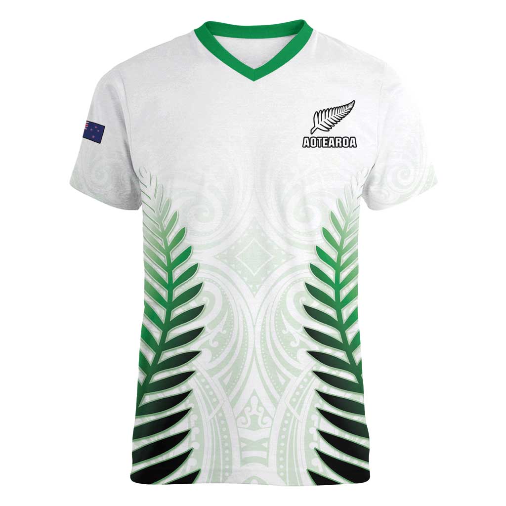 Custom New Zealand Fern Football Women V-Neck T-Shirt Simple Style LT05 Female White - Polynesian Pride