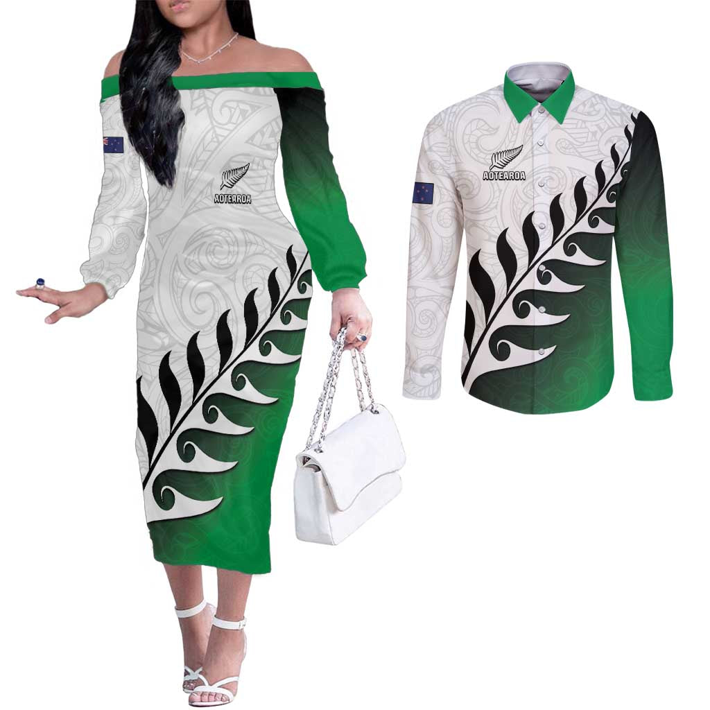 Custom New Zealand Football Couples Matching Off The Shoulder Long Sleeve Dress and Long Sleeve Button Shirt Go Aotearoa LT05 Green - Polynesian Pride