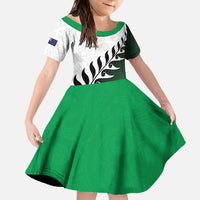 Custom New Zealand Football Family Matching Off The Shoulder Long Sleeve Dress and Hawaiian Shirt Go Aotearoa LT05 Daughter's Dress Green - Polynesian Pride