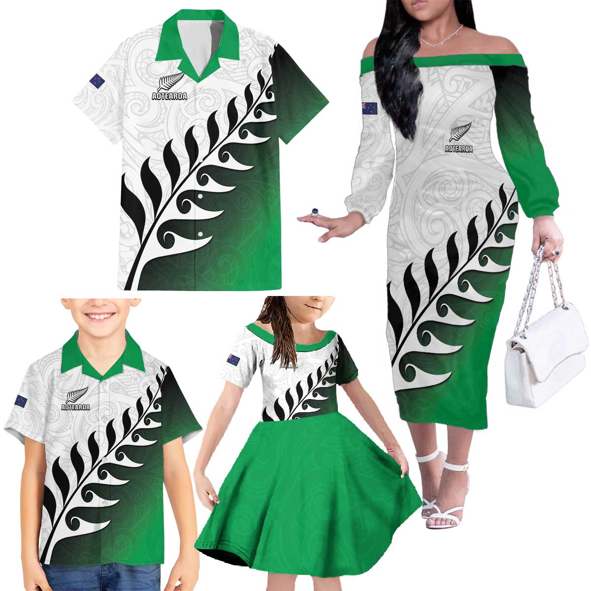 Custom New Zealand Football Family Matching Off The Shoulder Long Sleeve Dress and Hawaiian Shirt Go Aotearoa LT05 - Polynesian Pride