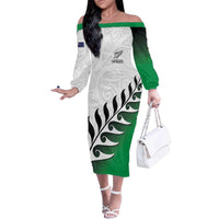 Custom New Zealand Football Family Matching Off The Shoulder Long Sleeve Dress and Hawaiian Shirt Go Aotearoa LT05 Mom's Dress Green - Polynesian Pride