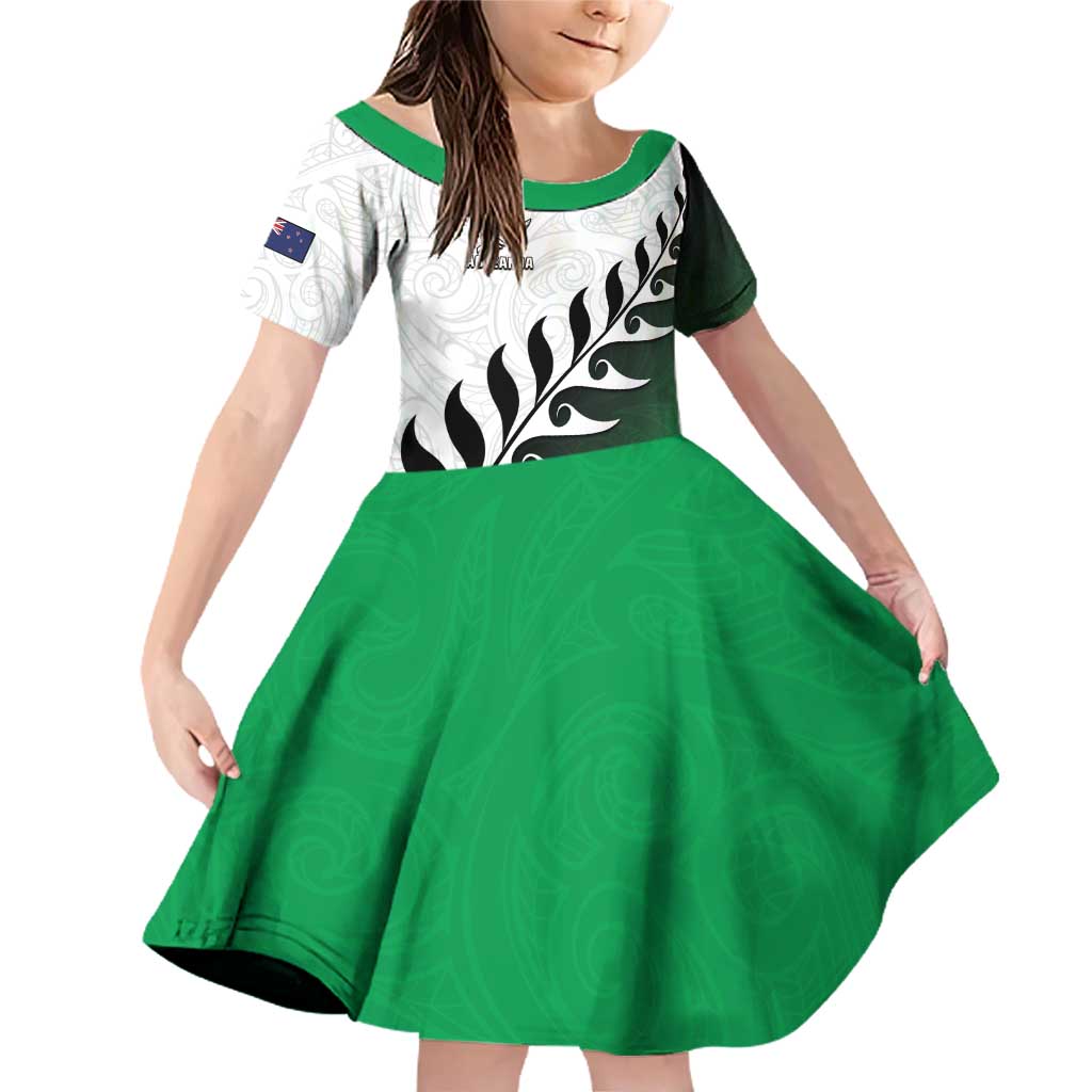 Custom New Zealand Football Family Matching Off Shoulder Short Dress and Hawaiian Shirt Go Aotearoa LT05 Daughter's Dress Green - Polynesian Pride