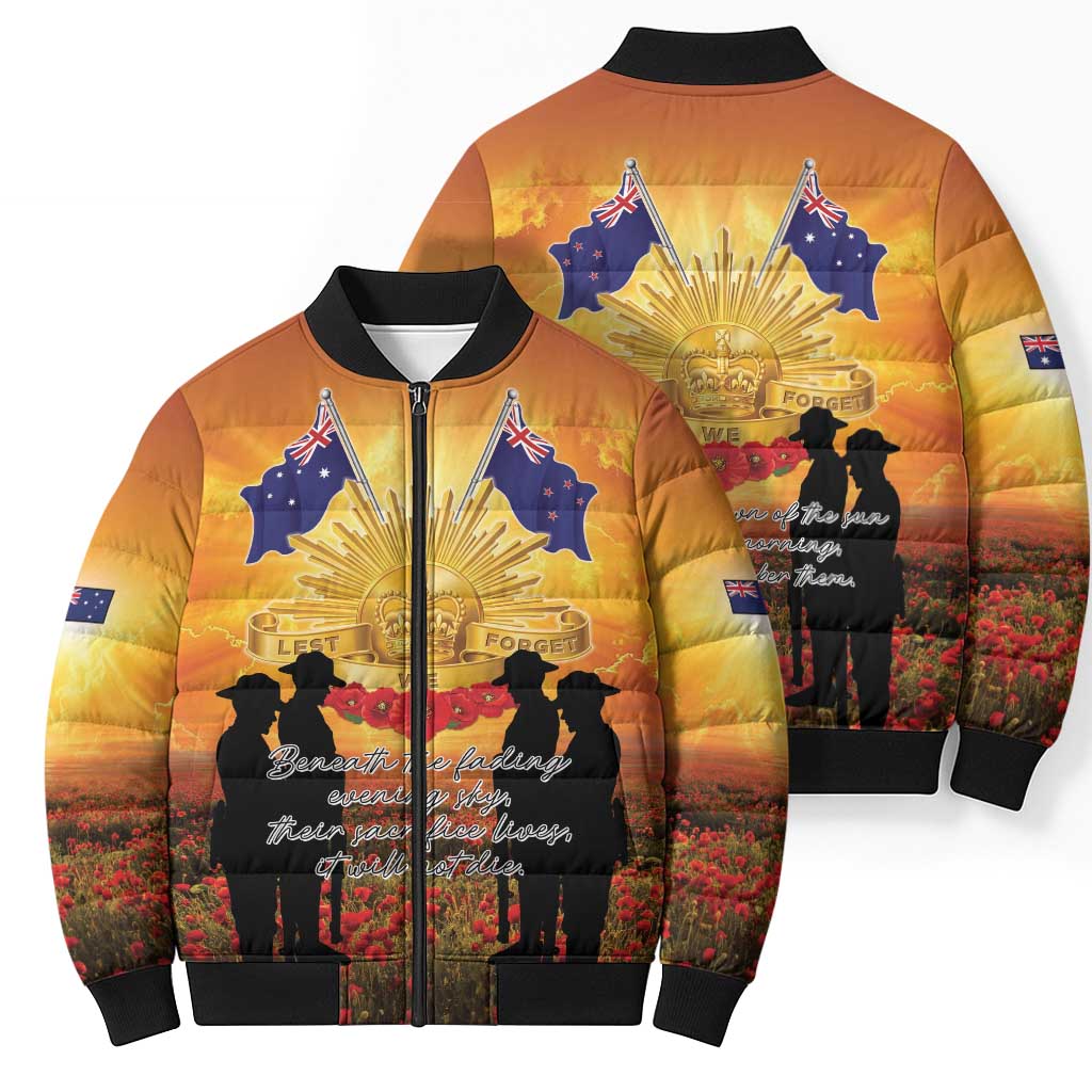 ANZAC Day Bomber Puffer Jacket Remembrance Tribute Soldiers And Poppy Field