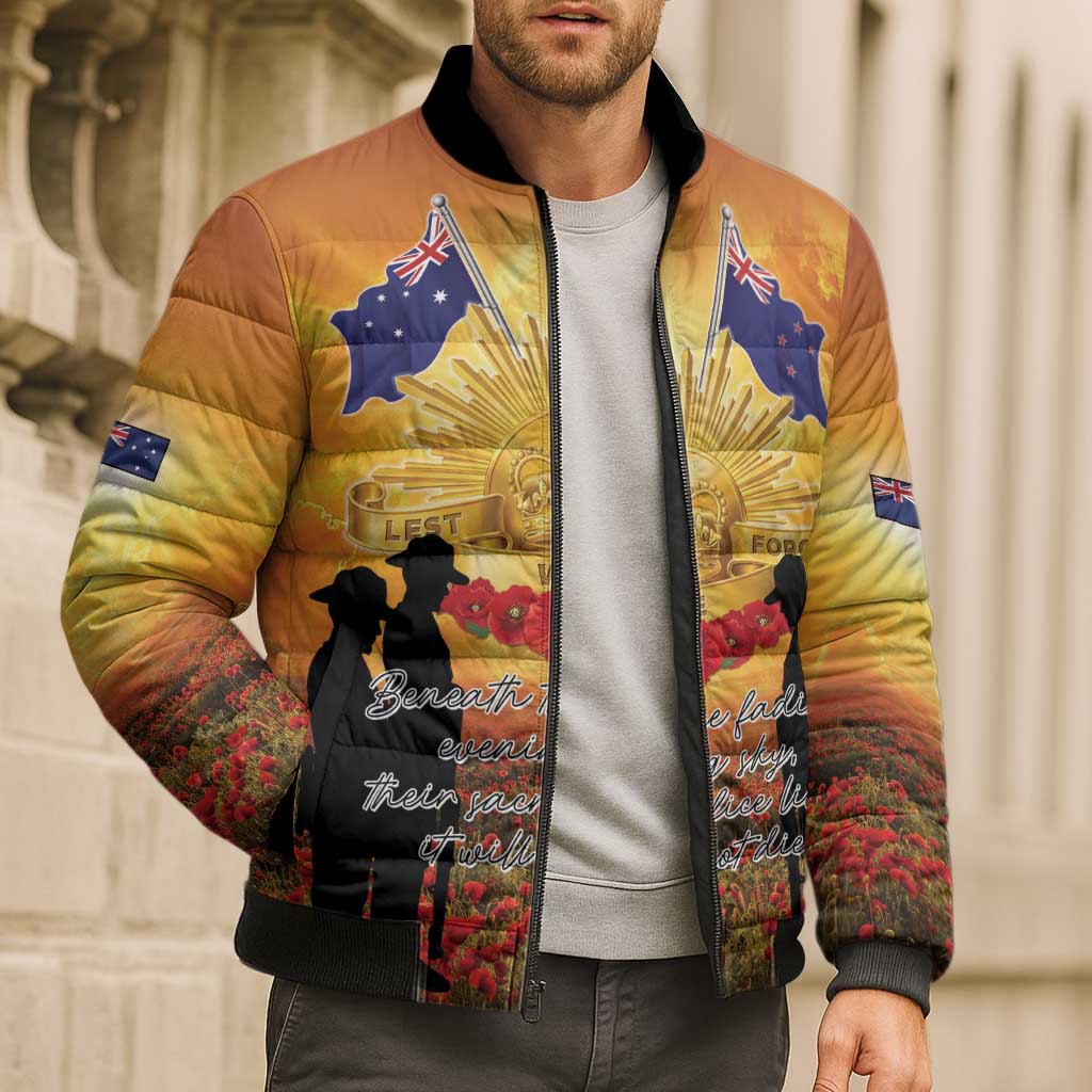 ANZAC Day Bomber Puffer Jacket Remembrance Tribute Soldiers And Poppy Field